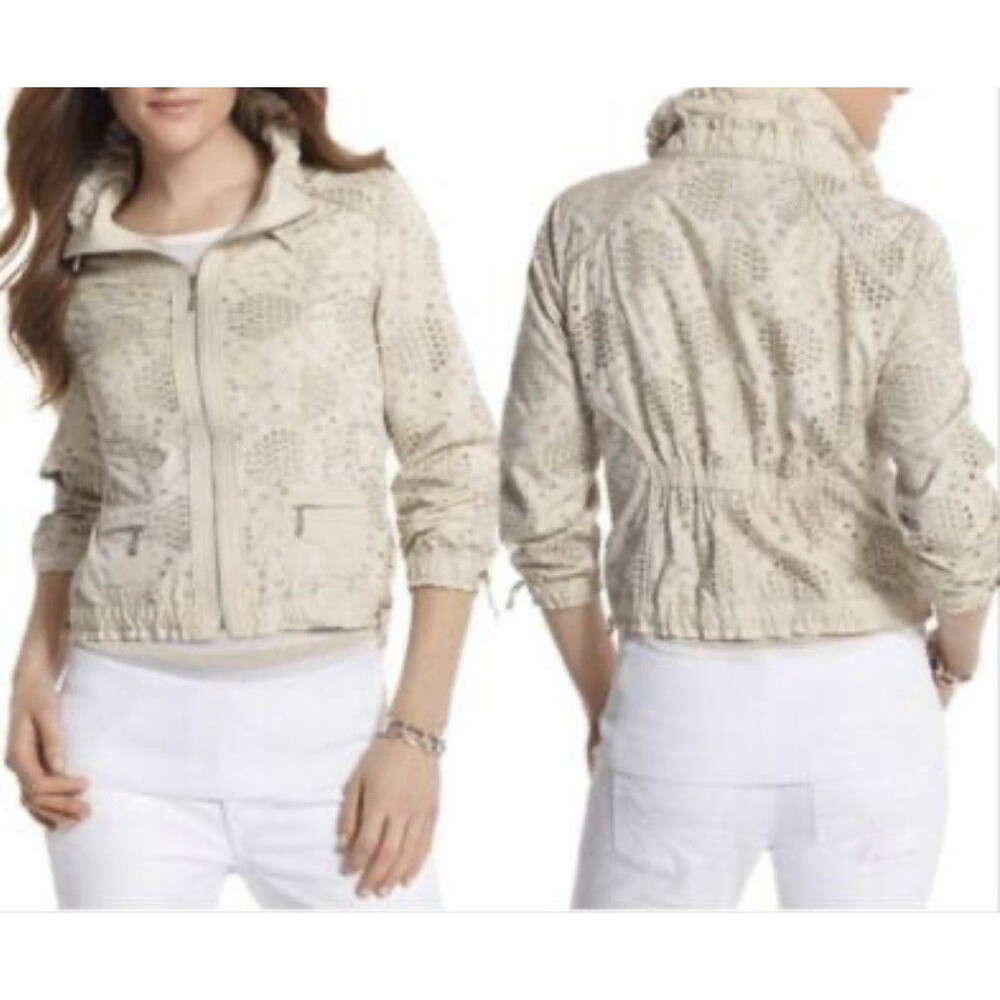 White House Black Market WHBM Sz 12 Beige Eyelet Jacket Full Zip Mock Neck Boho